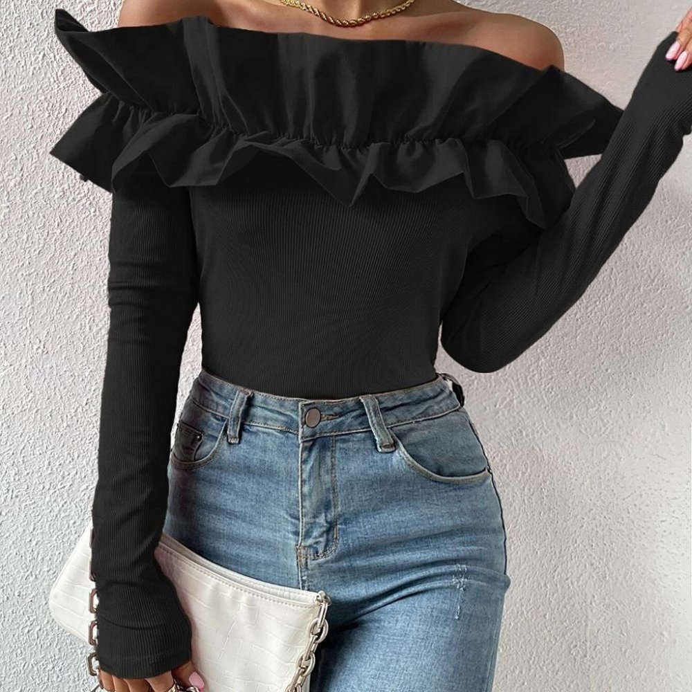 Black ruffled off shoulder blouse - Picture 2 of 5